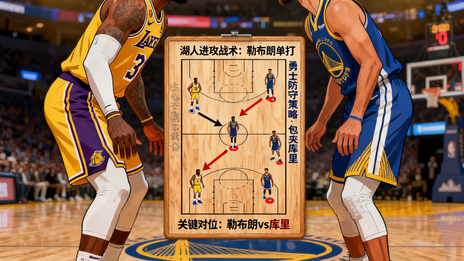 NBA季后赛湖人勇士对决，勒布朗与库里对位，战术板分析